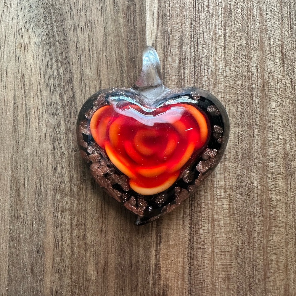 Heart-Shaped Glass Pendant with Red and Orange Swirl/Rose